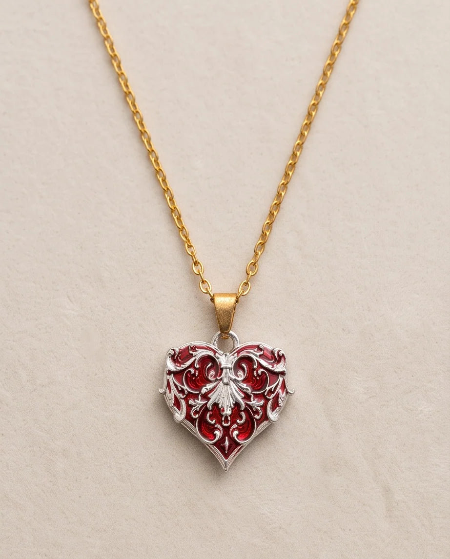 Silver Red Enamel Filigree Heart Pendant Necklace