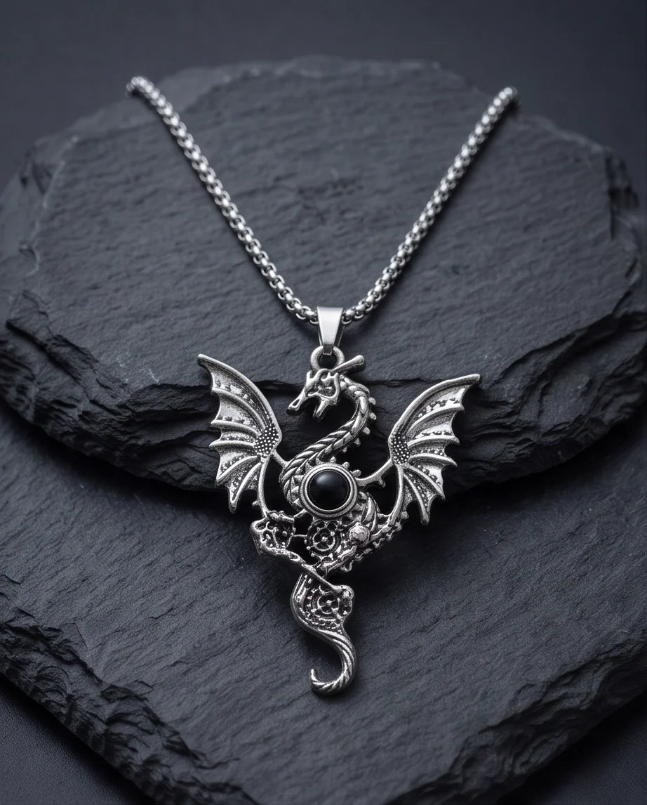 Silver Black Gemstone Dragon Pendant Necklace