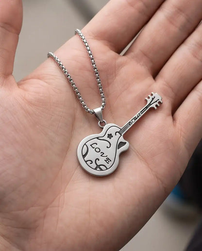 Engraved "Love" Acoustic Guitar Pendant Silver Box Chain Necklace