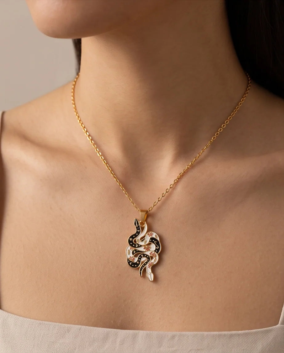 Gold Floral Serpent Enamel Pendant Necklace
