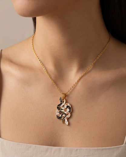 Gold Floral Serpent Enamel Pendant Necklace