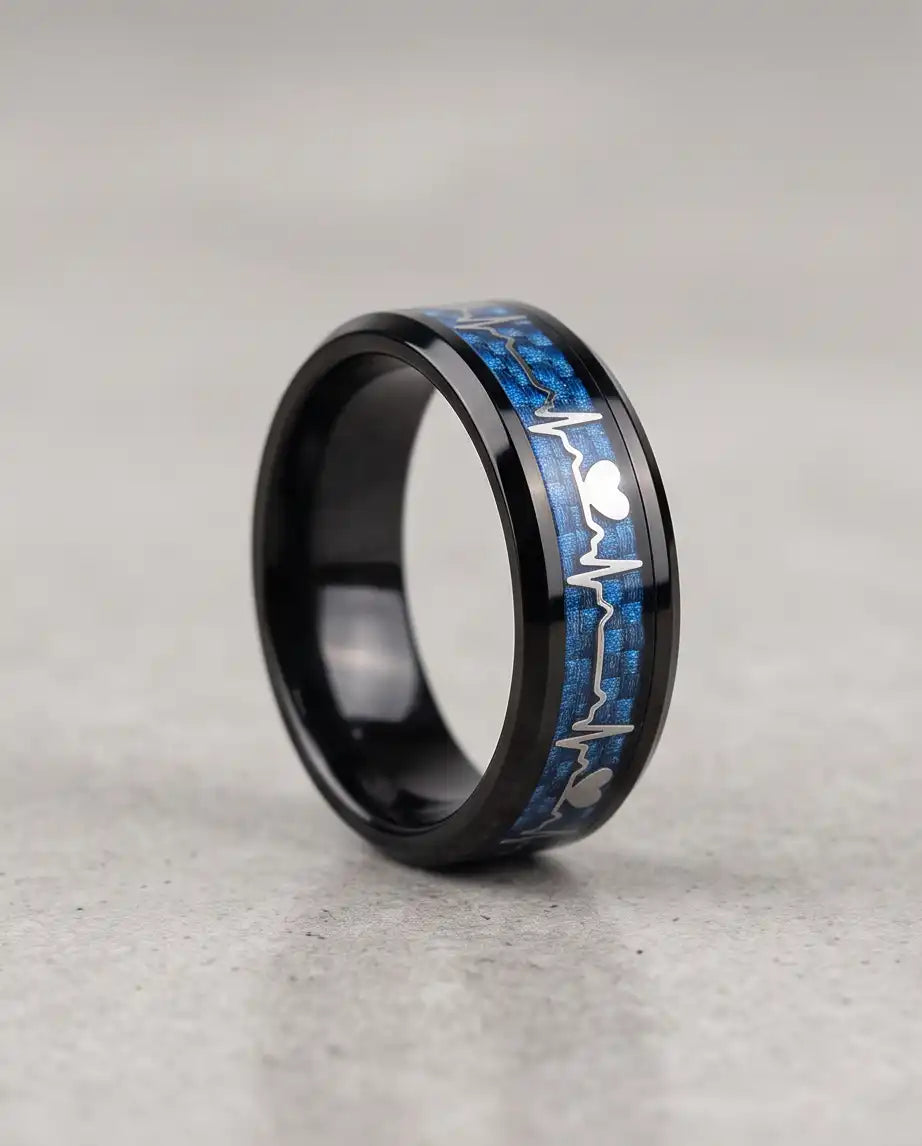 Black and Blue Carbon Fiber Heartbeat EKG Ring
