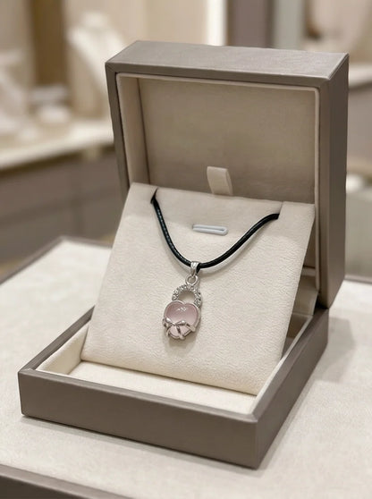 Pink Quartz Heart Bow Lock Pendant Necklace