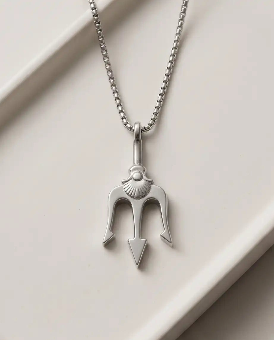 Trident Spear Pendant Silver Box Chain Necklace