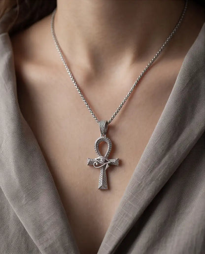 Iced Egyptian Ankh Cross & Eye of Horus Pendant Silver Box Chain Necklace