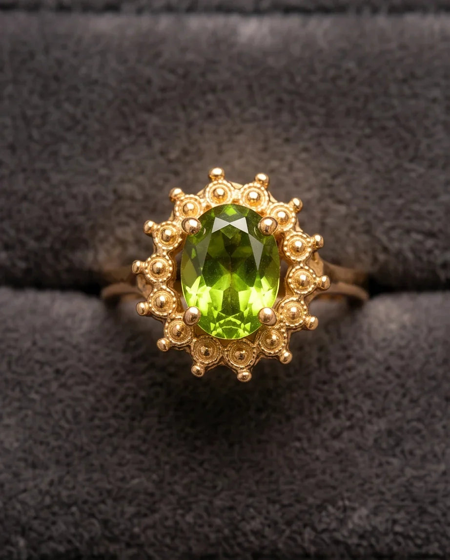 Vintage Gold Oval Peridot Victorian Halo Ring