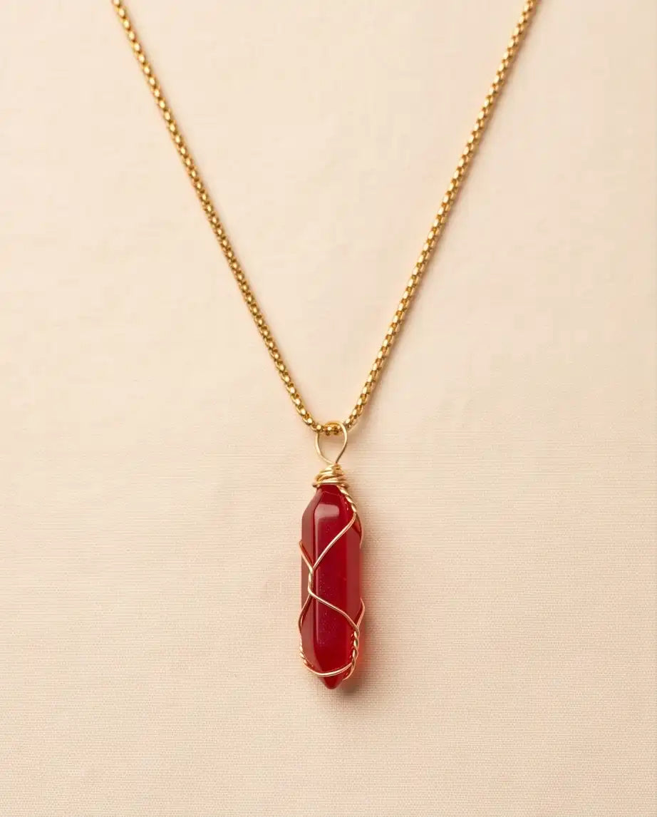 Wire-Wrapped Red Crystal Point Pendant Box Chain