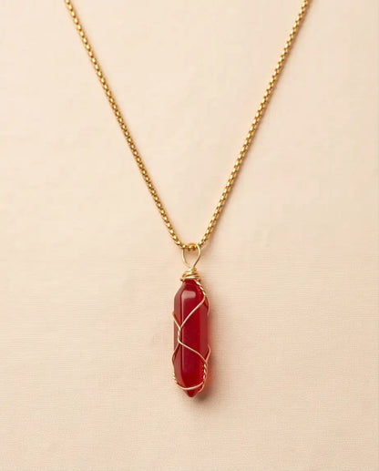 Wire-Wrapped Red Crystal Point Pendant Box Chain