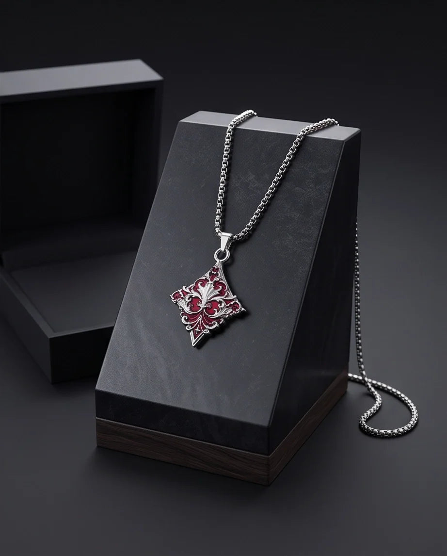 Silver Red Enamel Filigree Diamond Pendant Necklace
