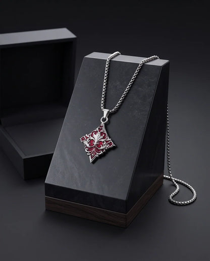 Silver Red Enamel Filigree Diamond Pendant Necklace