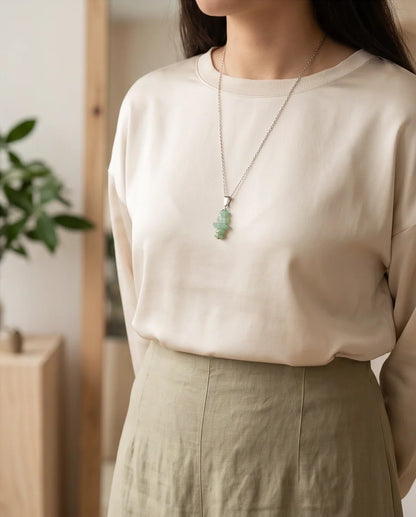 Silver Stacked Raw Green Aventurine Chip Stone Pendant Necklace