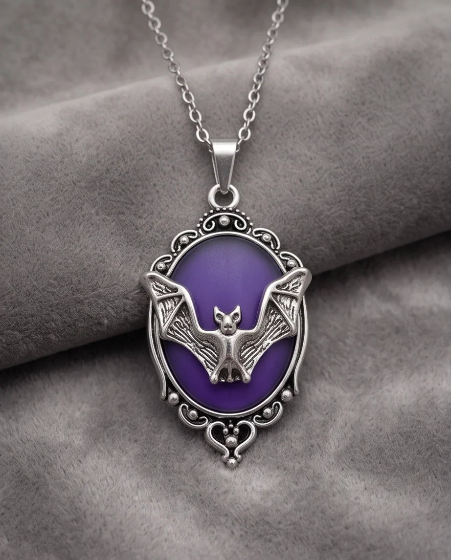 Silver Gothic Bat Purple Enamel Medallion Chain Necklace