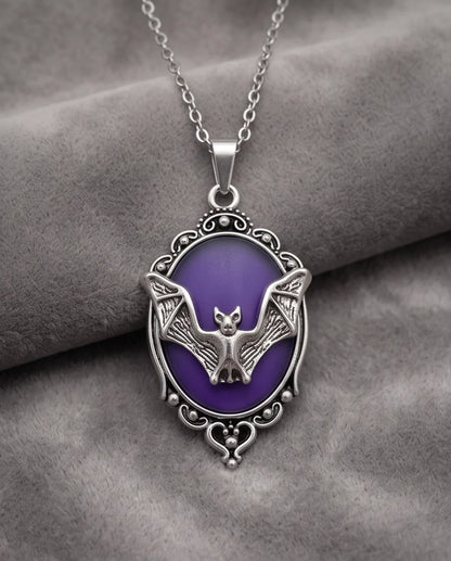 Silver Gothic Bat Purple Enamel Medallion Chain Necklace