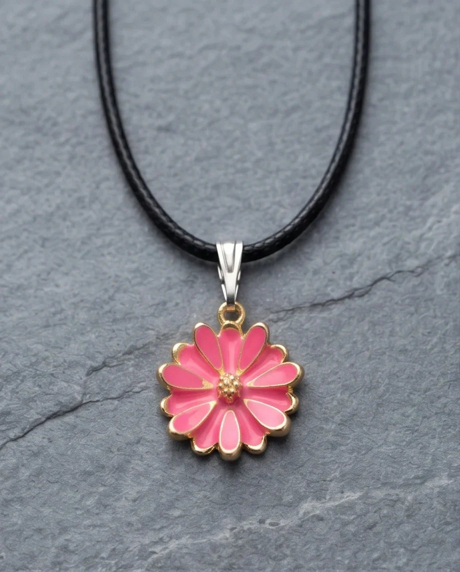 Pink Enamel Sunflower Pendant Necklace