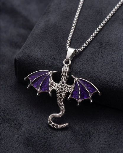 Silver Purple Enamel Dragon Wyvern Pendant Necklace