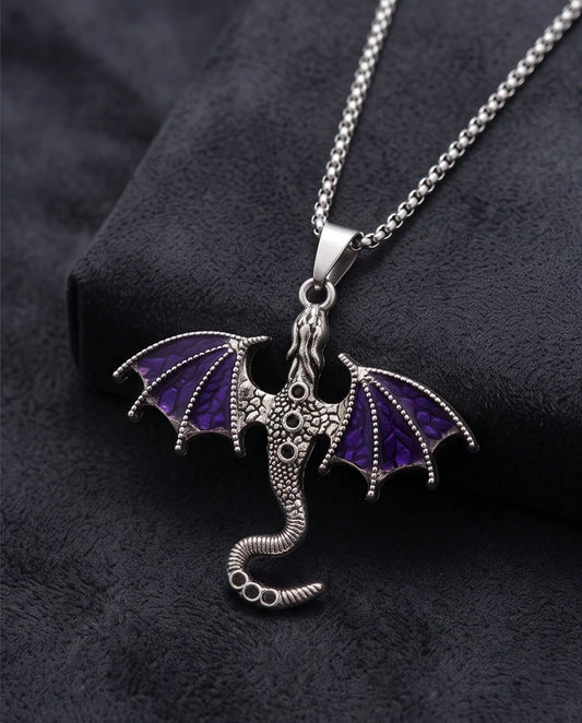 Silver Purple Enamel Dragon Wyvern Pendant Necklace