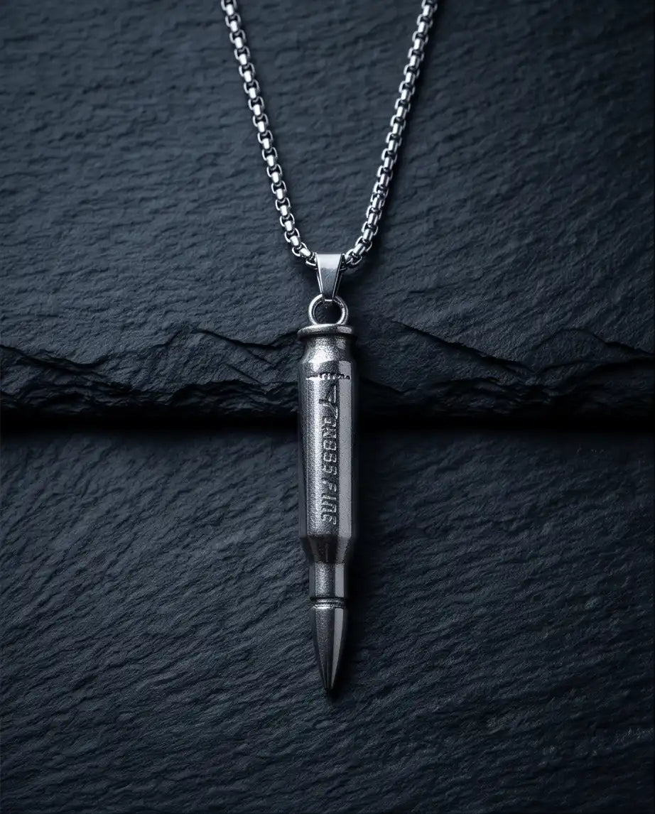 Engraved Bullet Pendant Silver Box Chain Necklace