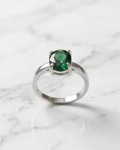 Sterling Silver Oval-Cut Green Emerald Solitaire Ring