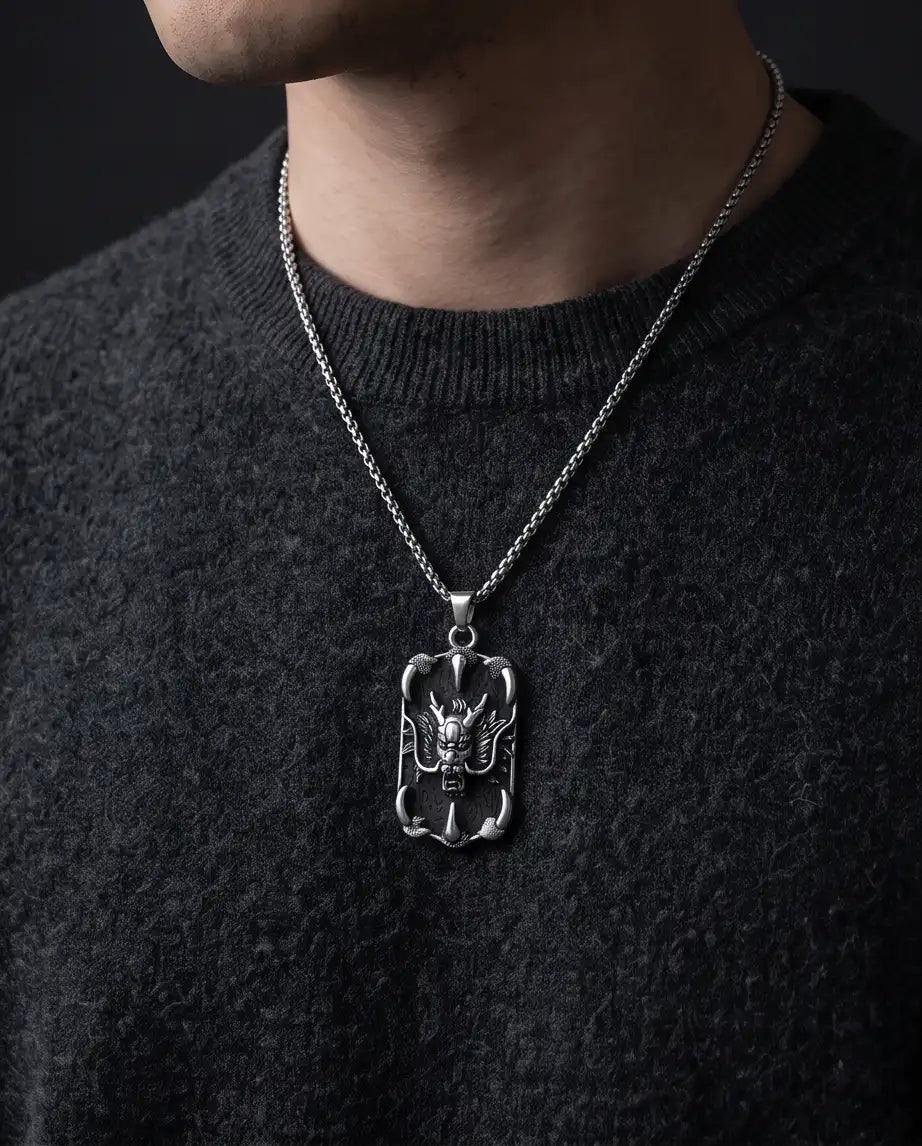 Gothic Dragon Claw Tag Silver Box Chain Necklace