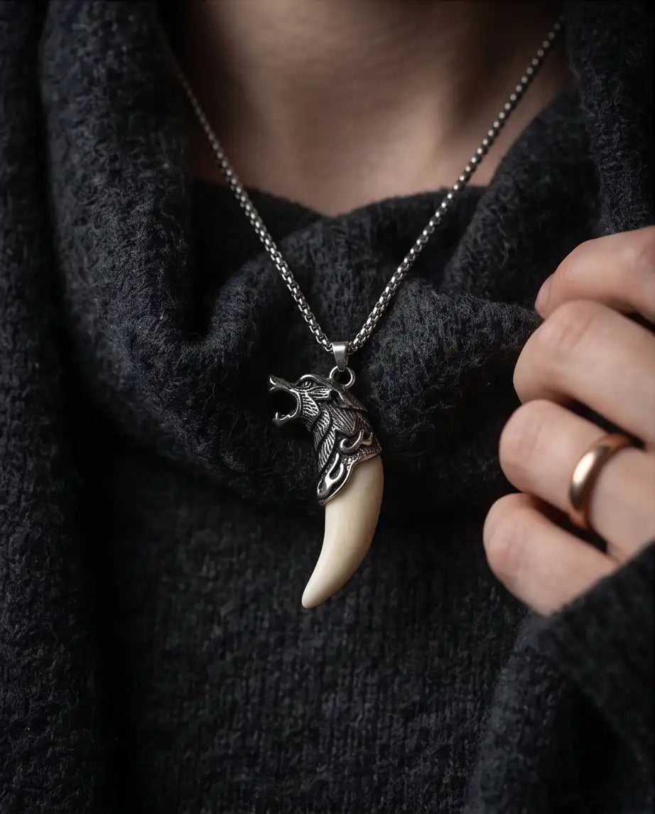 Viking Wolf Fang Pendant Box Chain