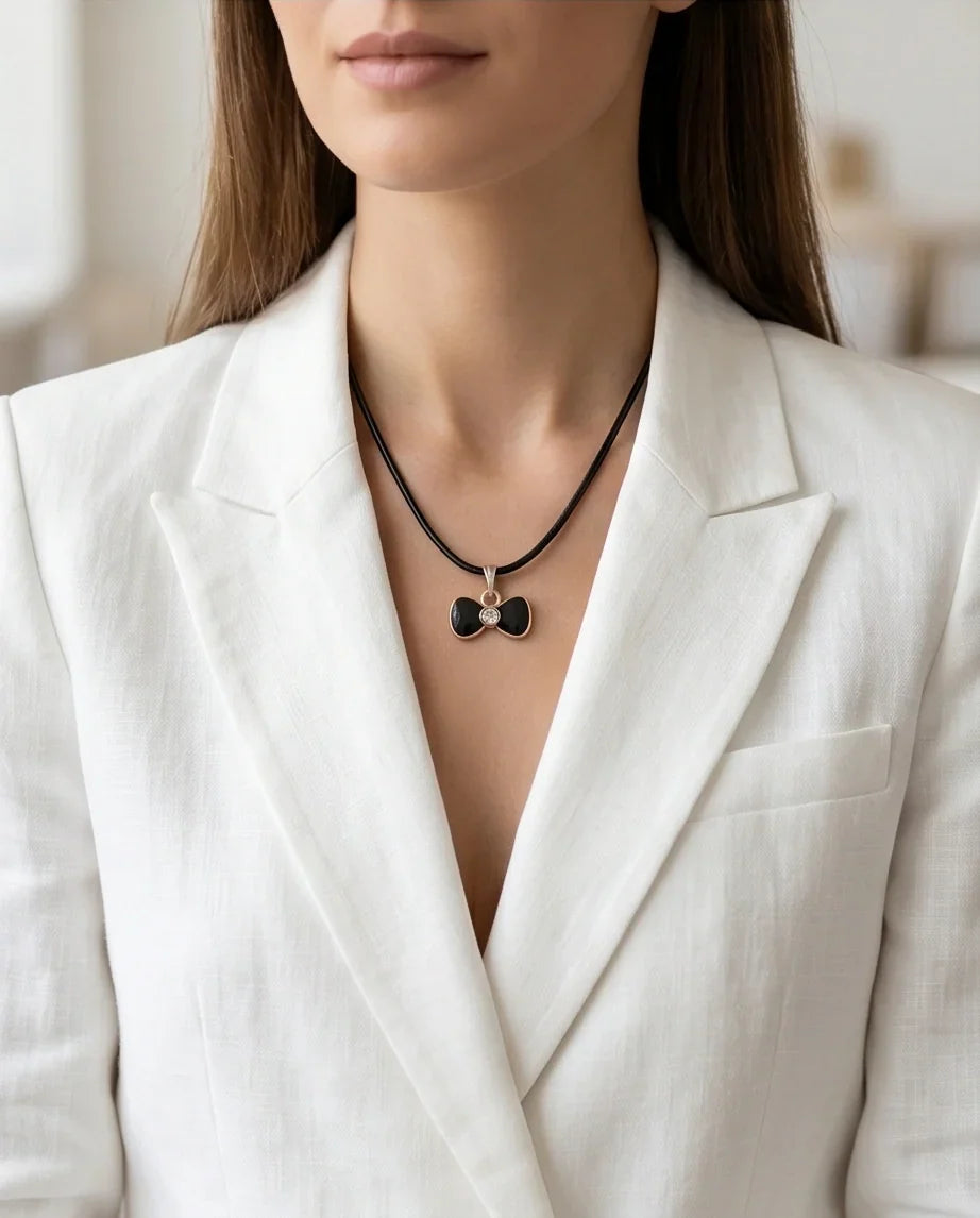 Gold Crystal and Black Bow Necklace