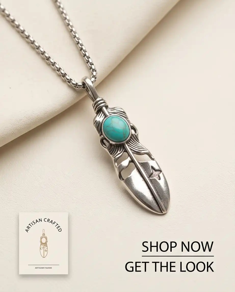 Turquoise Stone Feather Pendant Box Chain