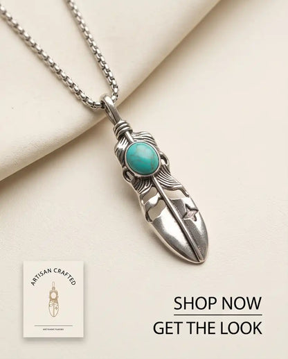 Turquoise Stone Feather Pendant Box Chain