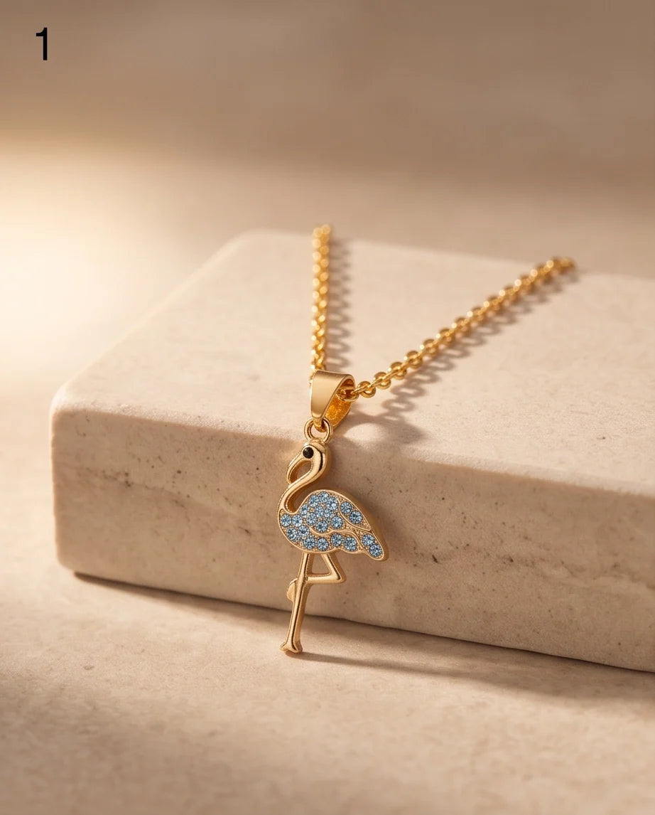 Gold Blue Crystal Paved Flamingo Pendant Necklace