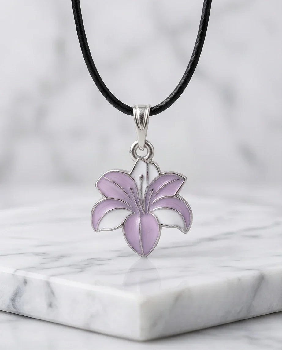 Elegant Pastel Pink and White Lily Enamel Pendant Necklace