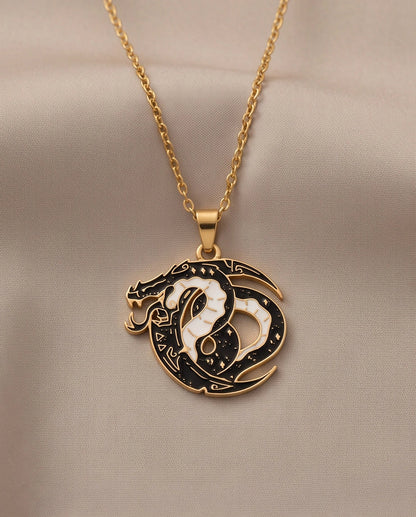 Gold Coiled Dragon Black & White Enamel Pendant Necklace