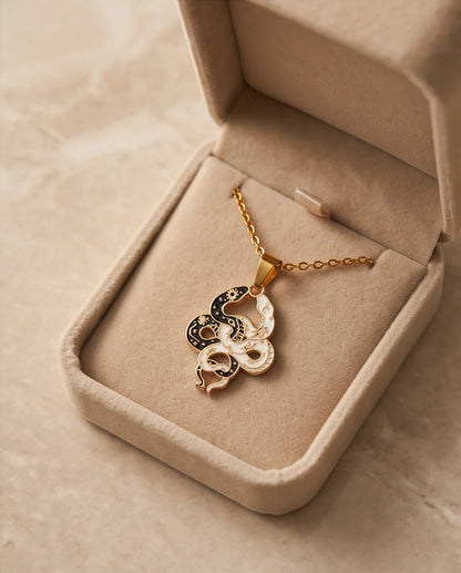 Gold Dual Serpent Celestial Enamel Pendant Necklace