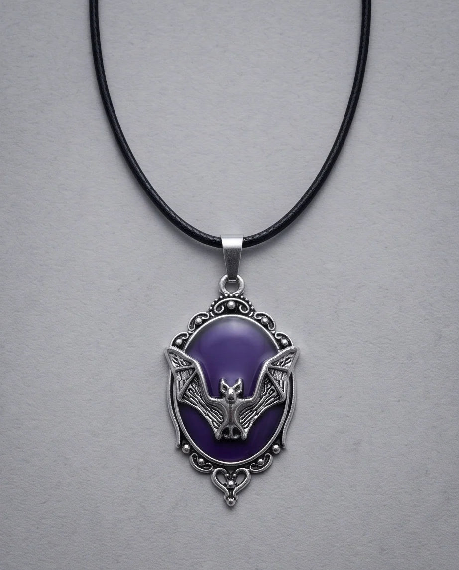 Silver Gothic Bat Purple Enamel Medallion Chain Necklace