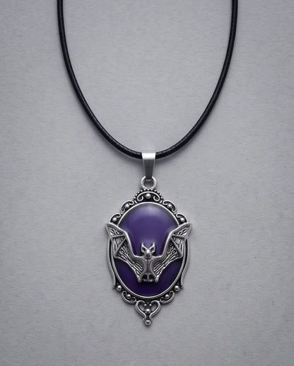 Silver Gothic Bat Purple Enamel Medallion Chain Necklace