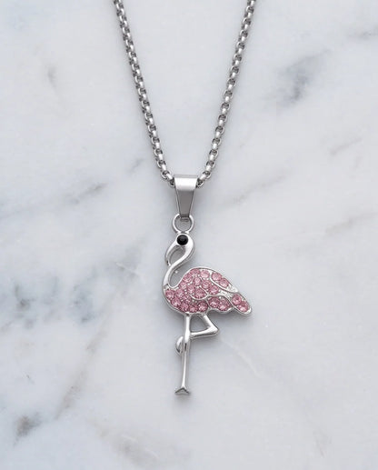 Silver Pink Crystal Paved Flamingo Pendant Necklace
