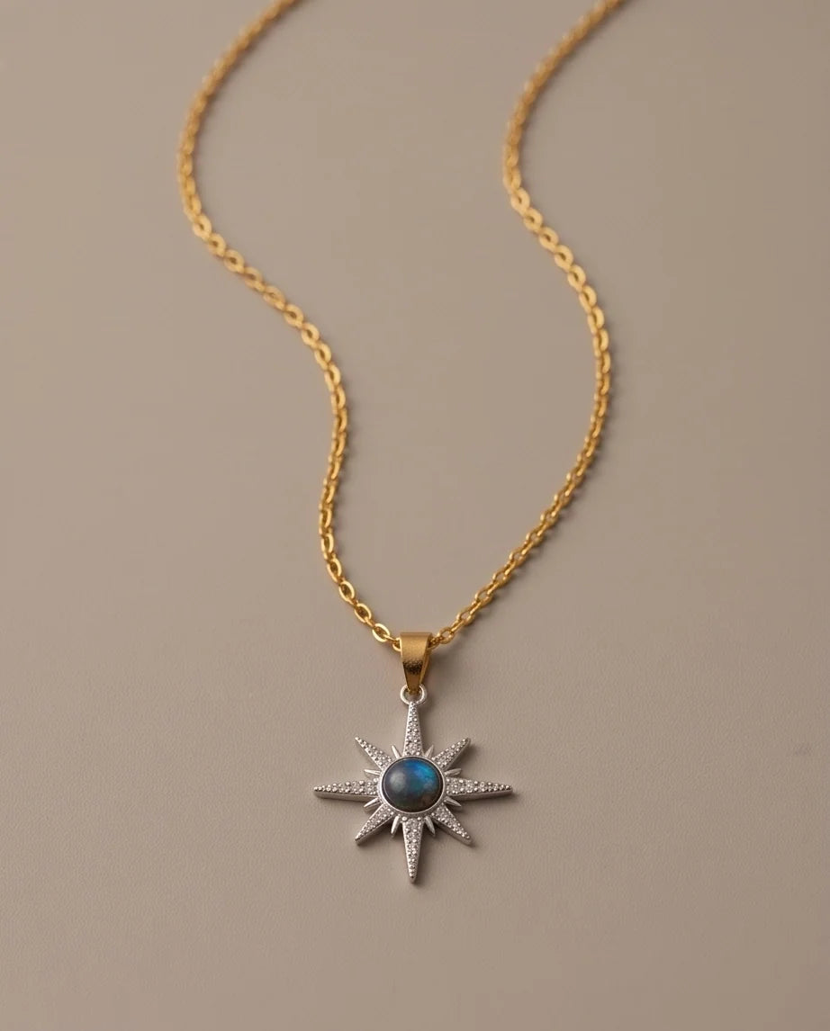 Silver Crystal Paved North Star Cosmic Orb Pendant Necklace