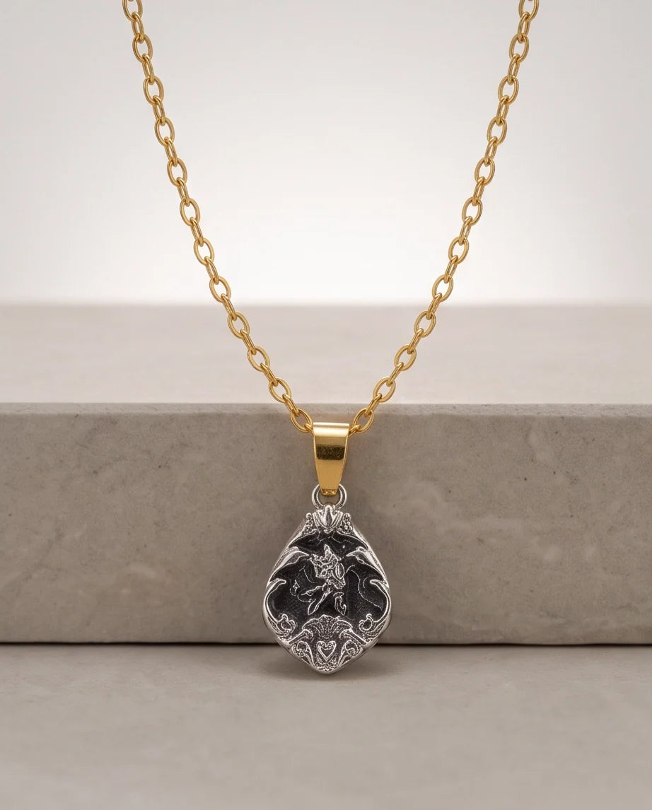 Silver Vintage Cherub Black Enamel Teardrop Pendant Necklace