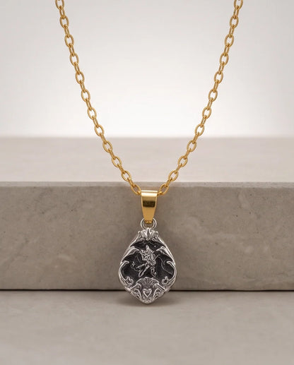 Silver Vintage Cherub Black Enamel Teardrop Pendant Necklace
