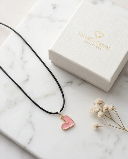 Pink Beaded-Edge Heart Enamel Pendant Necklace