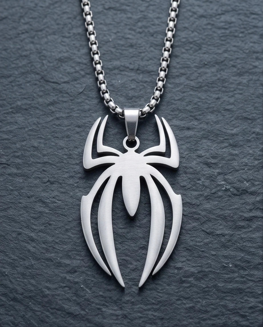 Silver Tribal Spider Emblem Pendant Necklace