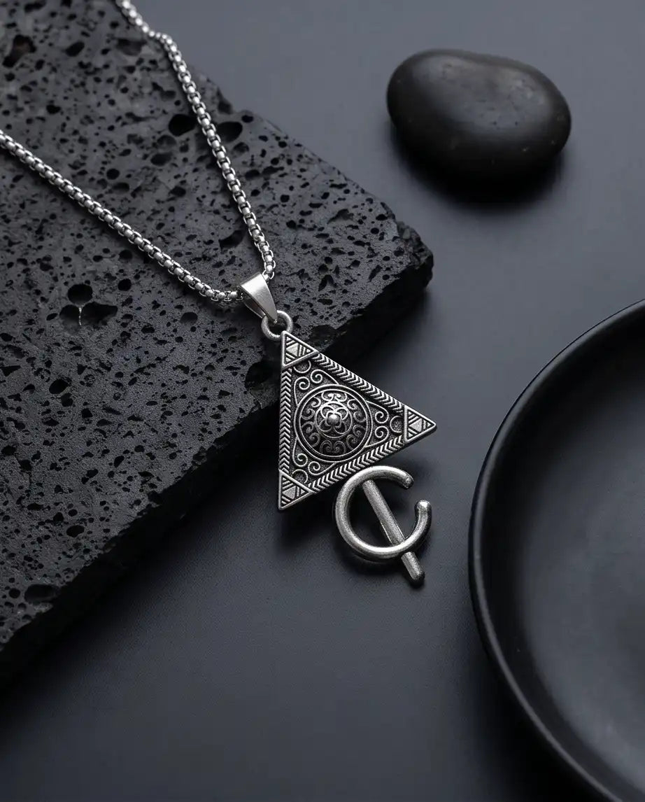 Geometric Occult Triangle and Cross Pendant Box Chain