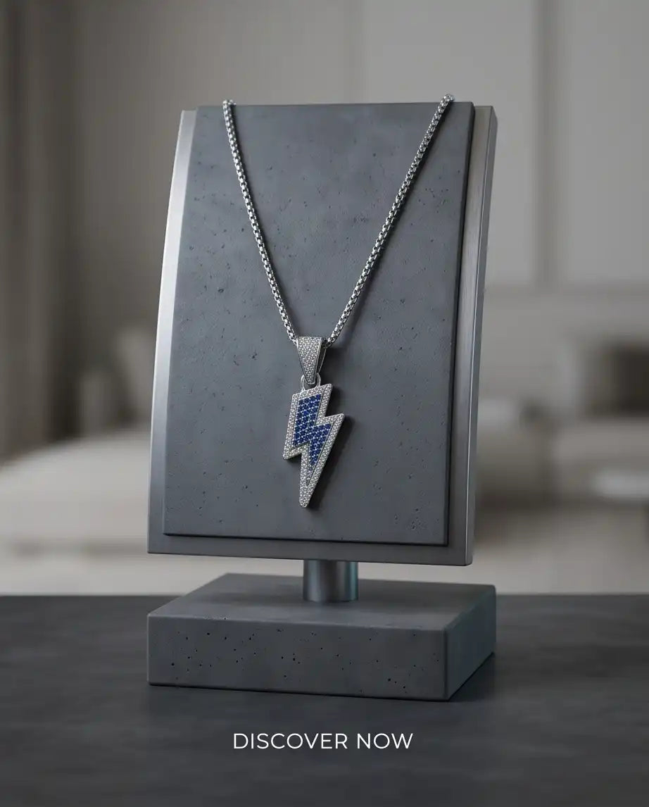 Blue Iced Lightning Bolt Pendant Box Chain
