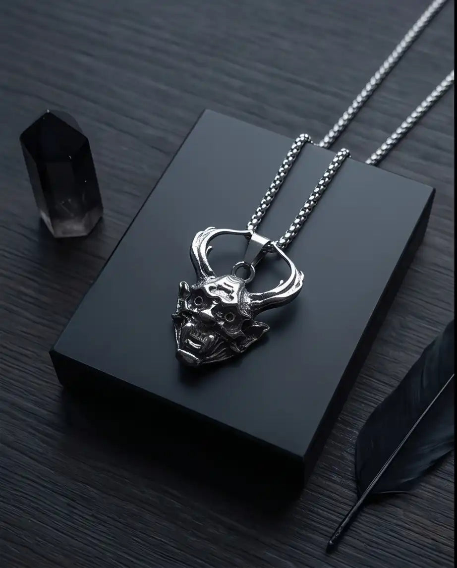 Antiqued Horned Oni Demon Mask Pendant Box Chain