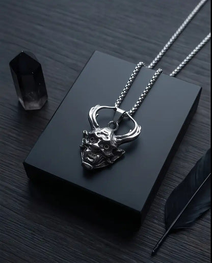 Antiqued Horned Oni Demon Mask Pendant Box Chain