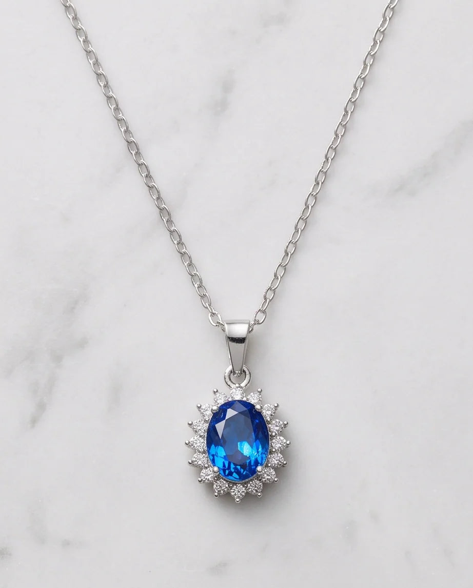 Silver Sapphire Blue Oval Halo Medallion Pendant Necklace