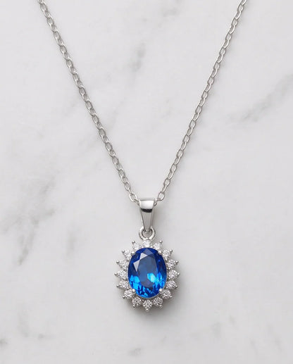 Silver Sapphire Blue Oval Halo Medallion Pendant Necklace