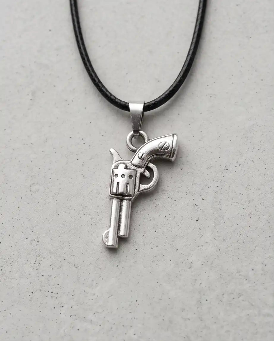 Vintage Revolver Handgun Weapon Pendant Box Chain