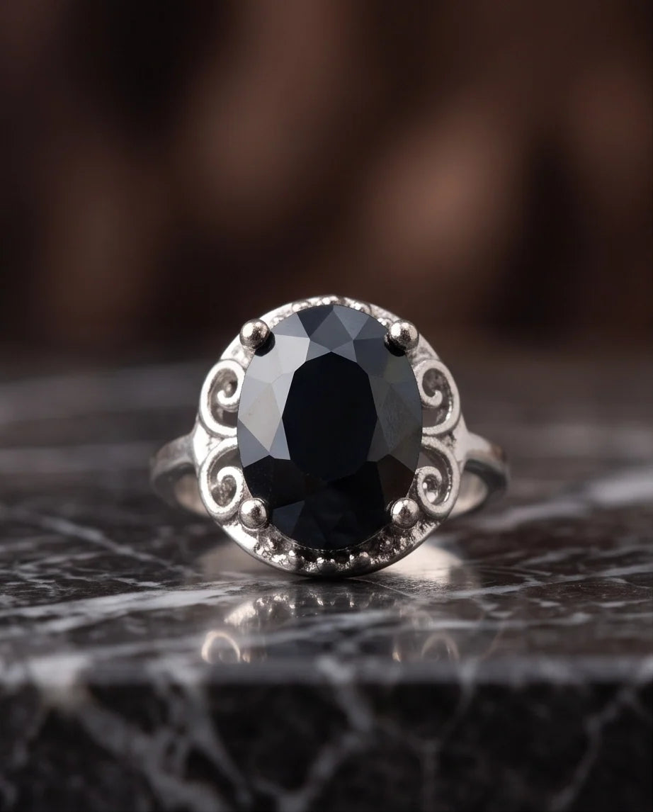 Silver Oval Onyx Filigree Solitaire Ring
