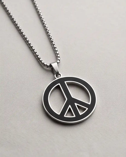 Black Enamel Peace Symbol Medallion Silver Box Chain Necklace