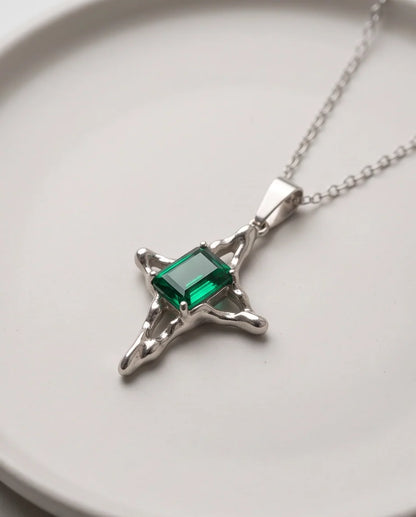 Silver Emerald Gemstone Gothic Cross Pendant Necklace