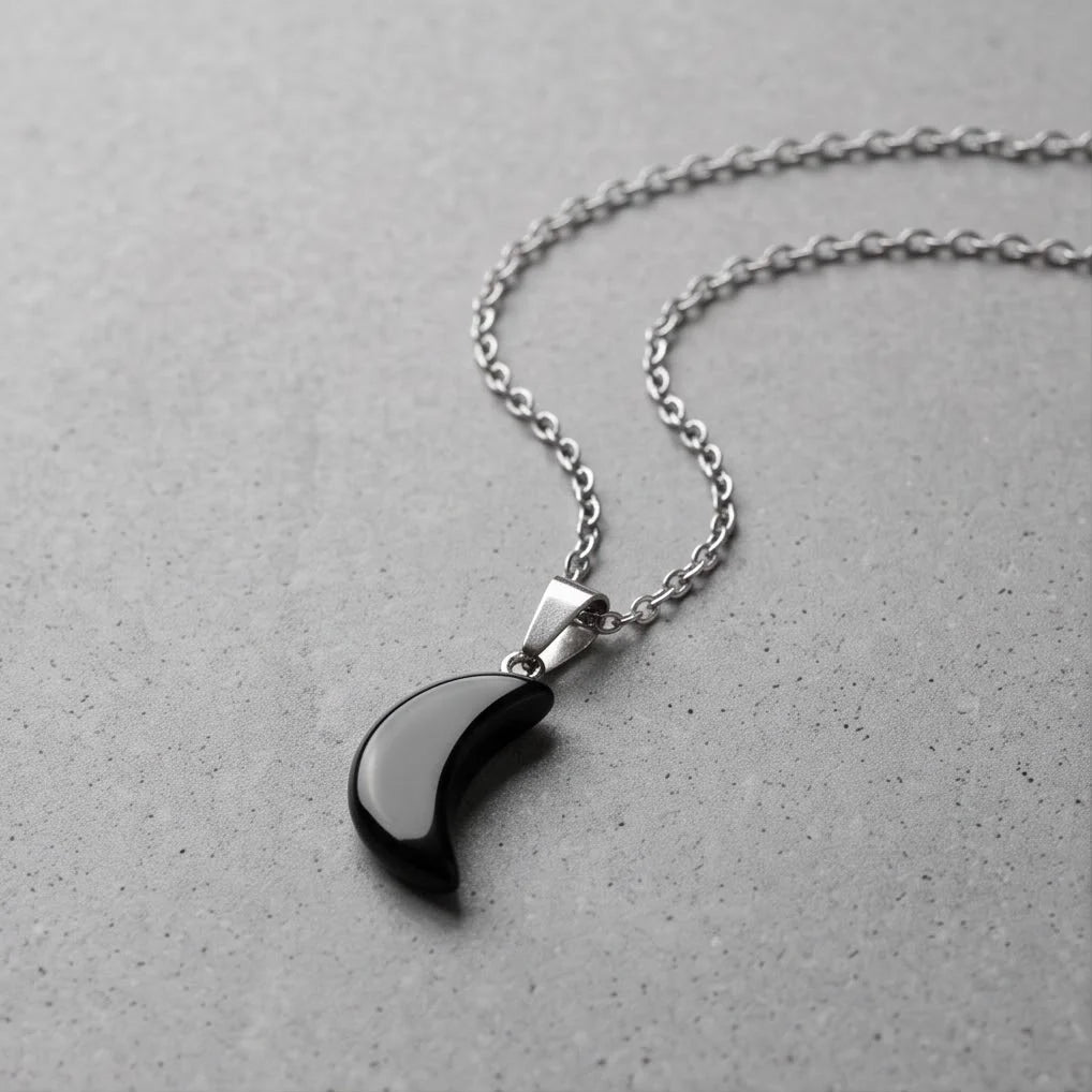 Silver Black Obsidian Crescent Moon Pendant Necklace